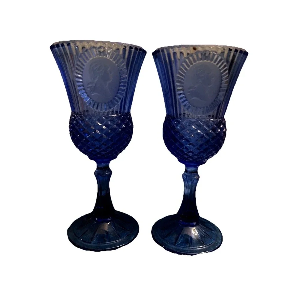 George & George (2) Goblets with A Mt. Vernon Gravy pitcher - Cobalt Blue Glass